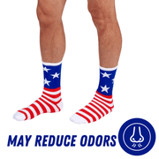 Bamboo Sports Bamboo Sports Red White and Blue Premium Bamboo Rayon Crew Work Socks- Moisture Wicking, Odor Eliminating Red, White, and Blue American Flag 4th of July Socks for Men and Women Gift Box 3 Pair