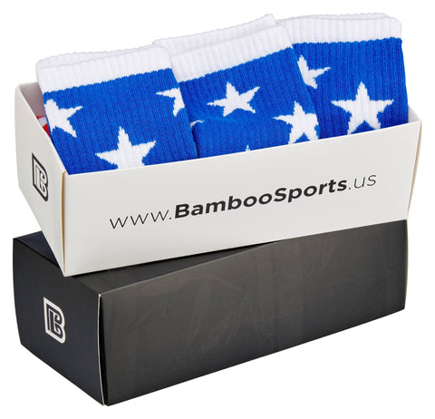 Bamboo Sports Bamboo Sports Red White and Blue Premium Bamboo Rayon Crew Work Socks- Moisture Wicking, Odor Eliminating Red, White, and Blue American Flag 4th of July Socks for Men and Women Gift Box 3 Pair